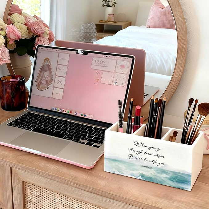 Christian Pen Holder, Christian Gifts for Women Pencil Holder for Desk, Beach Office Decor, Religious Bible Verse Coastal Ocean Wooden Box Sign Decorations for Home Office Desk Tabletop