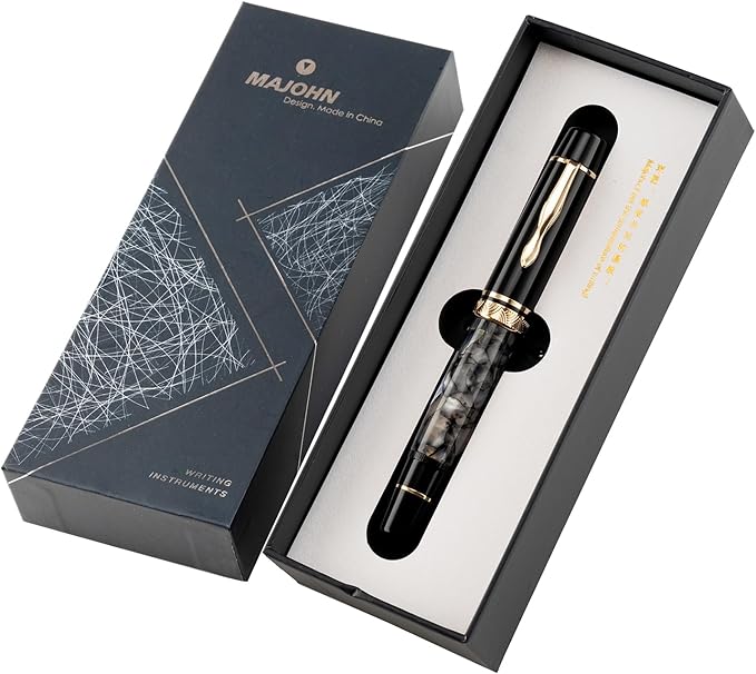 erofa Majohn P139 Piston Fountain Pen No.8 Medium Nib with Box, Gray Marble Acrylic Large Capacity Writing Pen