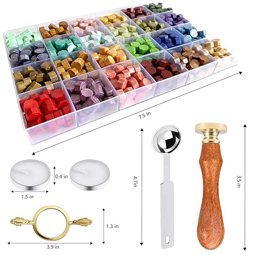 Wax Seal Stamp Kit - Sealing Wax Beads in 24 Colors with Personalized Letter Stamp,Steel Melting Spoon,Tea Candles and Round Molds – Perfect for Wedding Invitations,Envelopes(L)