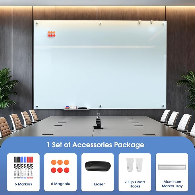 MaxGear Large Magnetic Glass Whiteboard 72x48 Frameless Wall Mounted | Tempered Glass, Scratch Resistant, Stain Resistant, Ghost Free, Easy Erase, Smooth Writing, High Clarity, Frameless