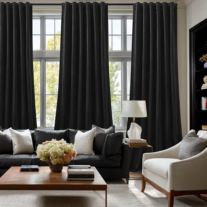Black Velvet Blackout Curtains 96 Inches for Bedroom, Thermal Insulated Soundproof Room Darkening Drapes, Super Soft Luxury Window Curtain for Living Room, Back Tab Rod Pocket, W52 x L96, 2 Panels