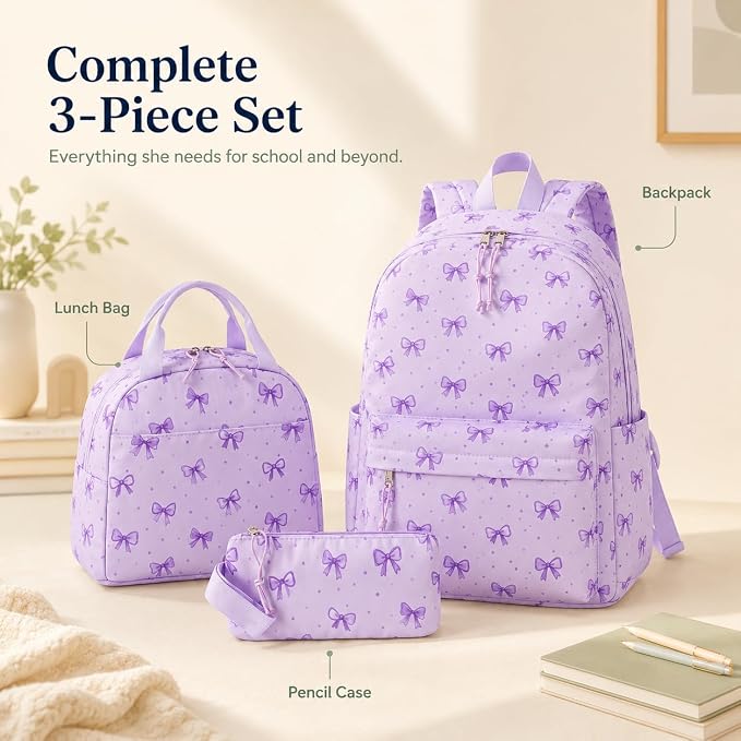Bluboon Teen Girls School Backpack Kids Bookbag Set with Lunch Box Pencil Case Travel Laptop Backpack Casual Daypacks (Beige bow tie)