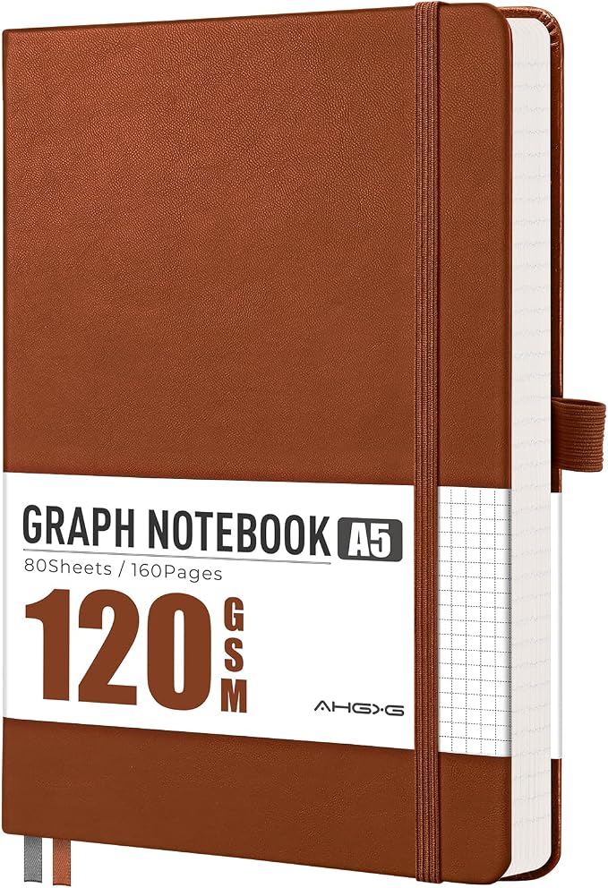 AHGXG Graph Grid Paper Notebook, 160 Pages, A5 Medium Size (5.7'' x 8.3''), 120 GSM Thick Paper, Leather Hardcover, for School, Students, Math, Engineering (Brown)