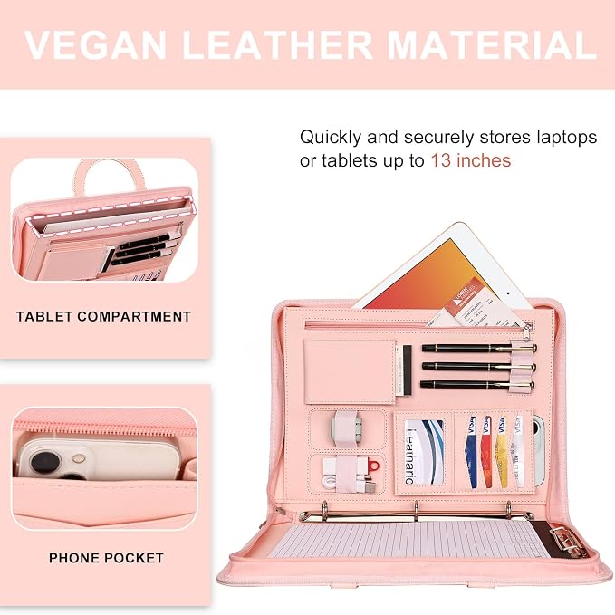 Leathario Portfolio Binder, Includes 5 Folder Index Dividers, 13 Inch Tablets Organizer with Handle, Vegan Leather A4 Padfolio, Multi-Pocket Notepad Business Planner Professional Document