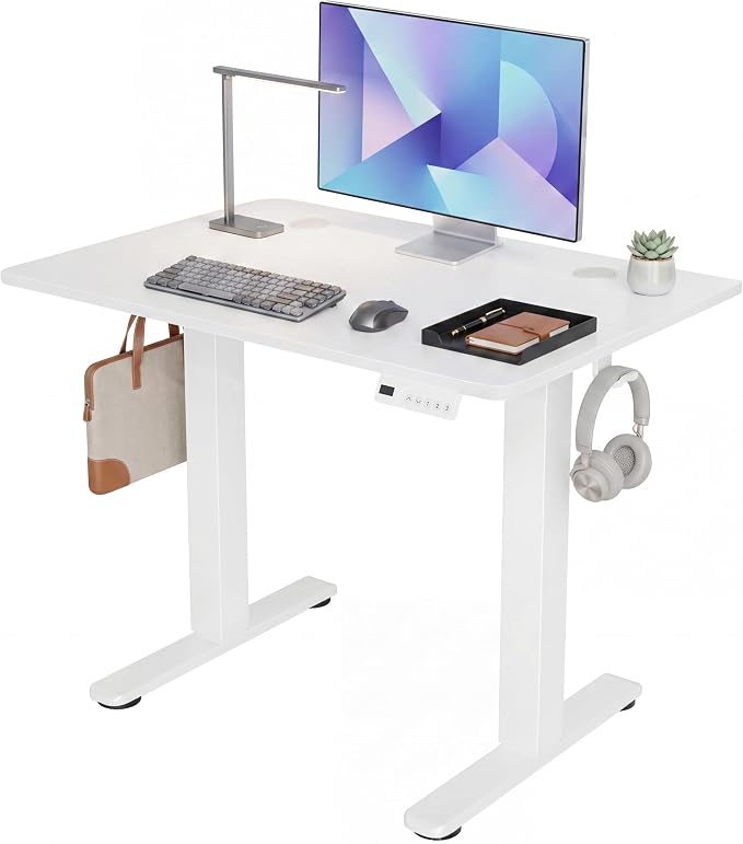 Claiks 32 x 19 Inch White Electric Standing Desk | Adjustable Height, Sit Stand, 3 Memory Presets, Cable Management, Space-Saving, Home Office & Bedroom