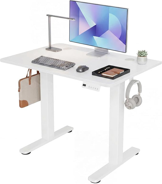Claiks 32 x 19 Inch White Electric Standing Desk | Adjustable Height, Sit Stand, 3 Memory Presets, Cable Management, Space-Saving, Home Office & Bedroom