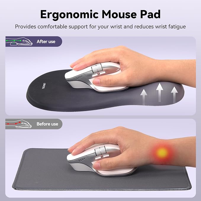 TECKNET Ergonomic Mouse Pad with Wrist Rest, Memory Foam Mousepad with Wrist Support, Smooth Surface, Middle Concave & Non-Slip Base for Laptop/PC, Pain Relief for Home Office Gaming, Gray