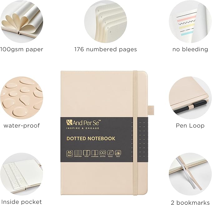 &And Per Se A5 Hardcover Dotted Notebook Kit for Beginners – 176 Numbered Pages, 100gsm Thick Paper, Includes Stencils & Fineliner Pen | Leather Bullet Journal with Templates, Lay Flat Design, Premium Gift for Women Men (Light Apricot)