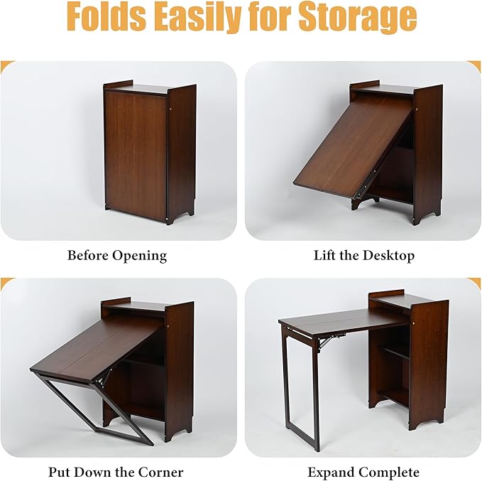 tonchean Bamboo Folding Desk with Storage Shelves, Foldable Computer Desk for Small Spaces Mid Century Fold Out Table Hidden Desk Space Saving Writing Table for Home Office Bedroom Dorm, Brown