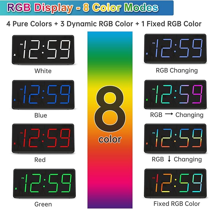 Peakeep Digital Alarm Clock for Bedroom Bedside, Loud for Heavy Sleepers | Large Big Color Changing Colorful LED Numbers for Seniors 6 Brightness, Battery Backup Plug in Electric Clock, USB Charger