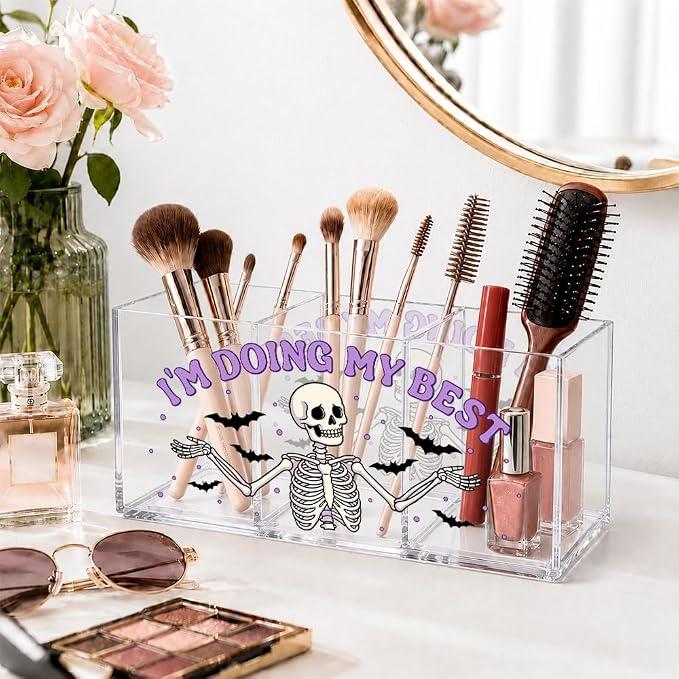 Skeleton Acrylic Desk Organizer, 3 Compartment Pen Holder, “I’m Doing My Best” Gothic Office Storage Box, Cute Skull Stationery Organizer for Desk Decor, Home & Office Supplies for Coworker