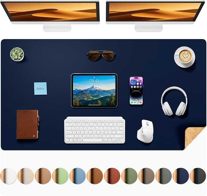 Aothia Dual-Sided Desk Mat, FSC Cork & PU Leather Desk Pad, Large Mouse Pad & Writing Surface for Full Desk Coverage, Non-Slip Waterproof Desk Protector - 47" x 23.6", Dark Blue