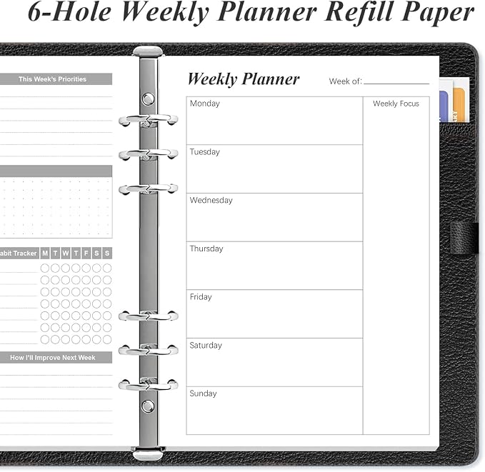 (2-Pack) Weekly Planner Refills for A5 Binders - 106 Sheets/212 Pages Undated Weekly Planner, 6-Hole Punched, 100 gsm White Paper, Lasts 1 Year, Undated, 5.8" x 8.3", Black