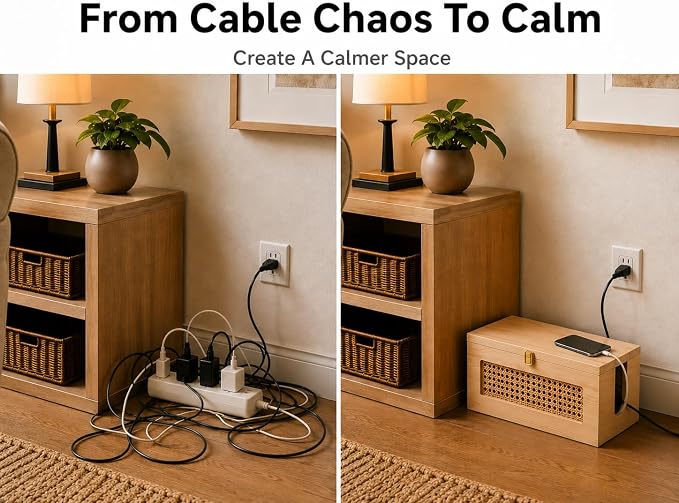 Wood Cable Management Box - 15 x 6.5 x 6.3 in - Power Strip Cord Organizer
