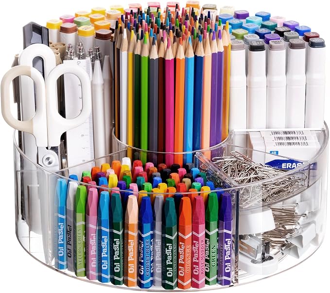 360° Rotating Pen Organizer, Large Clear Acrylic Marker Holder with 6 Compartments, 10" Lazy Susan Pencil Holder for 295 Markers, Colored Pencils, Crayons, Makeup Brushes & Desk Supplies