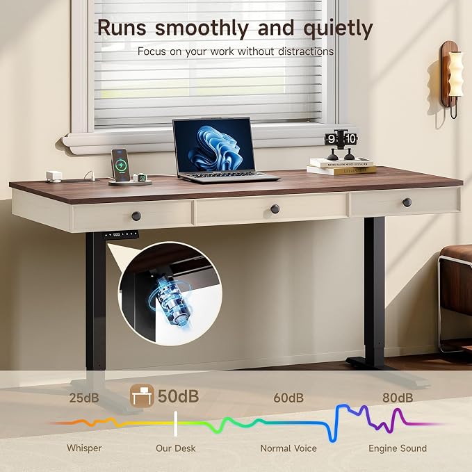 63 Inch Electric Standing Desk with 3 Drawers, Home Office Desk, Walnut | Computer Desks Retro Corner Table & Drawers, Height Adjustable Stand Up Desk with Storage & Outlets for Computer Workstation