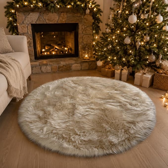 EasyJoy Faux Sheepskin Rug, Fluffy Faux Fur Rug, Ultra Soft Shag Area Rug with Non-Slip Backing for Bedroom, Living Room, Nursery, Kids Room(4 x 4 ft Round, Beige)