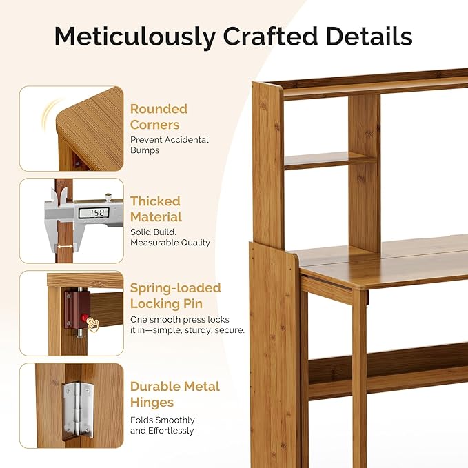 Bamboo Folding Desk with Bookshelf, Compact Computer Desk with Hutch for Small Spaces, Foldable Desk with Storage Shelf, Space-Saving Home Office Desk for Bedroom, Dorm, Apartment,Brown