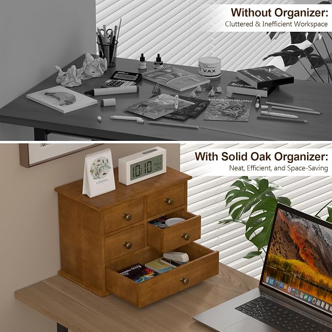 Oak Desk Organizer with Drawers, Durable Wooden Desktop Storage Box | 5 Drawer Tabletop Organizer with Metal Handles & Non-Slip Pads for Office, Bedroom, Bathroom, Vanity & Makeup Storage, Walnut