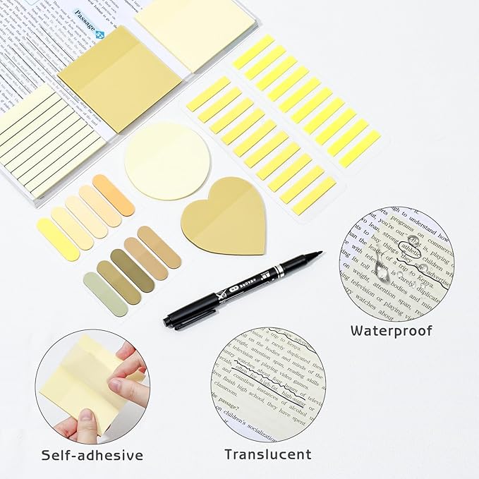 850 Sheets Transparent Sticky Notes, 3 x 3 Inch Clear Sticky Notes with Marker Pen for Bible, Waterproof Self-Adhesive Annotation Tabs, Gradient Color Note Pads for School Office (Yellow)