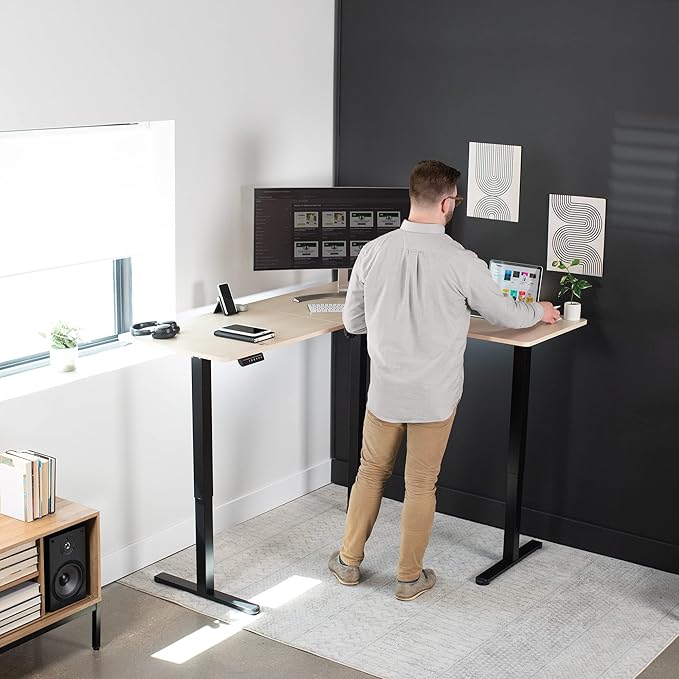 VIVO Corner Standing Desk, 63 x 55 inch Reversible L-Shaped Workstation, Electric Height Adjustment, Home, Office, and Reception Rooms, Light Wood Table Top Black Frame, DESK-E3CTBC