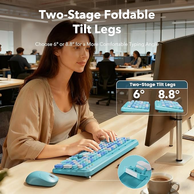 Wireless Keyboard and Mouse Combo, Retro Round Keycaps, Full-Size Stylish Typewriter Keyboard with Phone/Tablet Holder, Ergonomic Mouse with 3-Level DPI, 2.4GHz Connection for Windows/PC (Ice Blue)