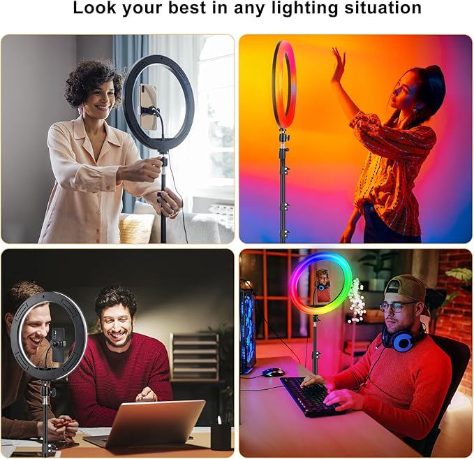 12.3" Ring Light with Stand & Phone Holder Tall 75", 51 Color Modes Circle Lights Selfie Ringlight with Tablet Holder, 12 Dimming Levels Christmas LED Halo Light Tripod for iPhone Video Recording/Vlog