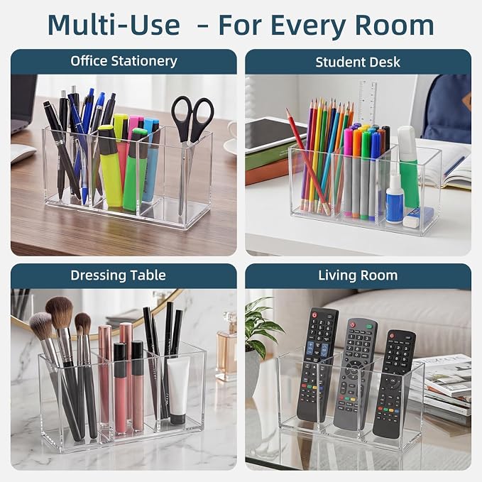 Acrylic Pen Holder, Clear Makeup Brush Holder for Vanity, 3-Compartment Desk Organizer for Office and Bathroom, Pencil Cup Stationery Organizer