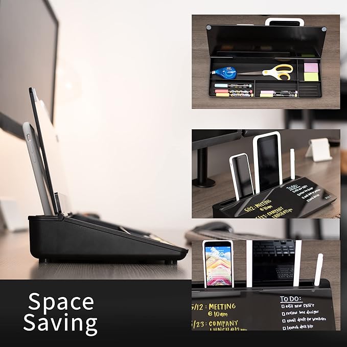 Vivo Glass 16 x 7 inch Dry Erase Board with Storage, Desktop Whiteboard Organizer with Hidden Compartments and Device Slot, Black, DESK-WB16B