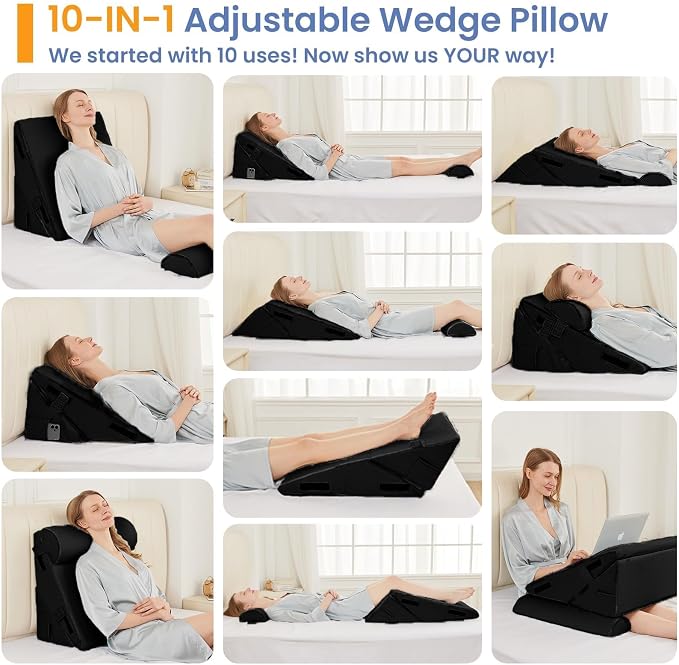 Sasttie Adjustable Wedge Pillow Set for After Surgery, Black | Bed Wedge Pillow Headboard with Memory Foam Neck Cushion, for Acid Reflux, Sleeping, Neck & Back Support
