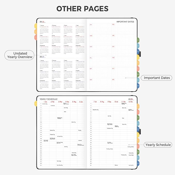 Daily Planner Undated, Appointment Book for Hourly, Daily and Monthly, 365 Days, One Page a Day, Medium Size (5.7" x 8.3"), Leather Hardcover, 12 Self-adhesive Monthly Tabs (Black)