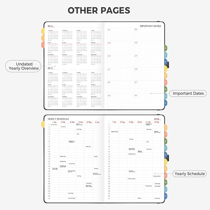 Undated Appointment Book, Hourly, Daily, 52 Weekly & 12 Monthly Planner, 6 AM - 8 PM, Medium Size (5.7" x 8.3"), Leather Hardcover, 12 Self-adhesive Monthly Tabs (Black)