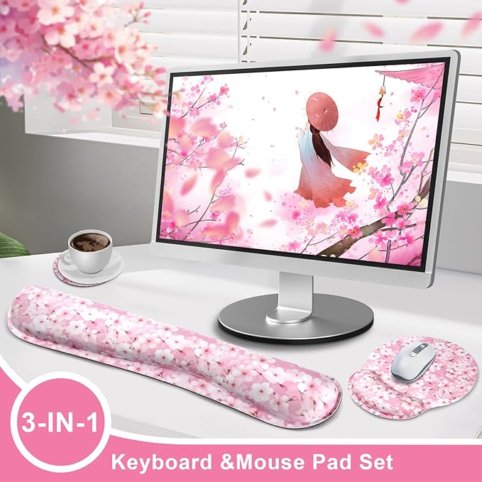 Pink Cherry Blossom Mouse Pad with Wrist Rest and Keyboard Wrist Rest Set, Sakura Floral Ergonomic Memory Foam Mouse Pad Set for Women, Girls, Office, School
