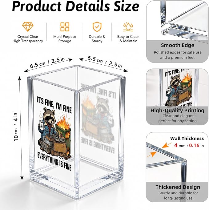 It's Fine I'm Fine Everytiing Is Fine Funny Humor Sarcastic Acrylic Cosmetic Pencil Pen Holder Desk Organizer Clear Crack Resistant Desk Organizer, Mental Health Gifts for Nurse Coworker Best Friend