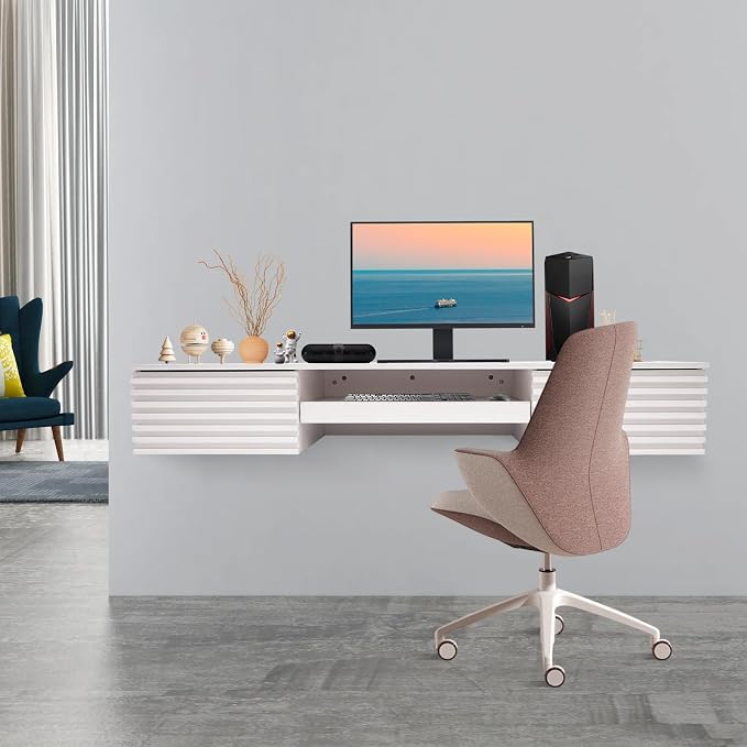 Wall Mounted Computer Desk with Drawer, Wall Mounted Desk Floating Computer Desk, 60 Inch Modern Hanging Desk Wall Organizer Table, Use for Work Platform, Organizer, and Space-Saving Desk (White)