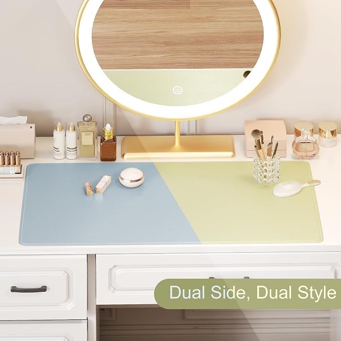 Makeup Mat, Dual-Sided Waterproof Vanity Protector Mat, Non-Slip PU Laptop Pad, Large Mouse Mat, Dresser Cover Accessories, Writing Desk Pad for Office and Home Decor, Green 31.5x15.7in