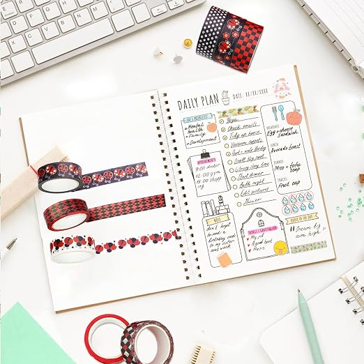 12 Rolls Insect Washi Tape, Seven Star Ladybug Masking Tape, Red Black Spots Decorative Tape for Journaling, Scrapbooking, DIY Crafts, Planner, Gift Wrapping, 16.4FT
