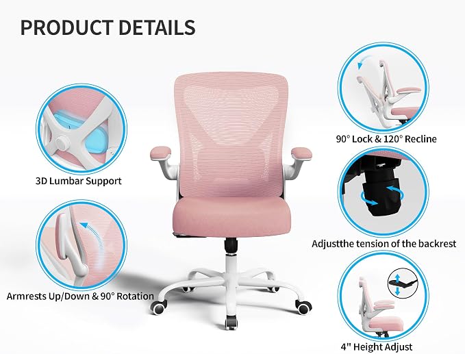 Office Chair Ergonomic Desk Chair Comfy: 330LBS Mesh Computer Chair Ergonomic Gaming Chairs with Wheels Adjustable Lumbar Support and Flip up Armrest-Swivel Executive Chairs Long Hours(Light Pink)