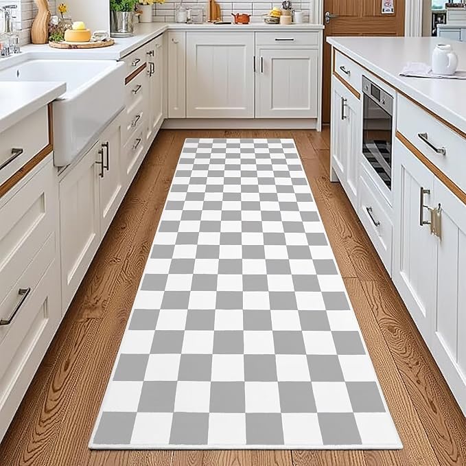 Terrug Grey and White Checkered Area Rug for Kitchen,2x6 Runner Rugs Washable with Non Slip for Bedroom,Soft Low Pile Stain Resistance Retro Carpet for Entryway Hallway