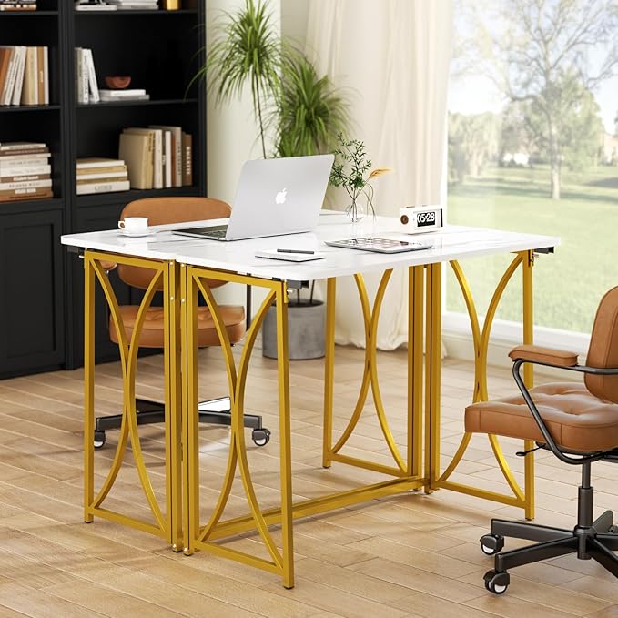 Folding Desk, 31.5" Small Desk for Bedroom, Space Saving Foldable Computer Desk for Home Office, Easy Assembly, White and Gold