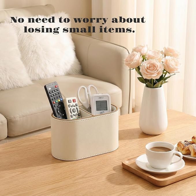 PU Leather Pen Holder, Desk Organizer Caddy with 2 Compartments | Multifunctional Remote Control Holder, Eyeglass Holder, Stationery Case for Office Supplier, Home