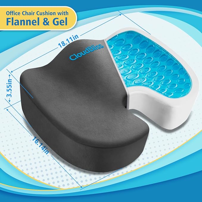 CloudBliss Gel Memory Foam Seat Cushion for Long Sitting, X-Large, Grey | Gel Chair Pad for Tailbone, Coccyx, Sciatica , Soft Suede Cover, Non-Slip , Washable Mesh, for office, home, car