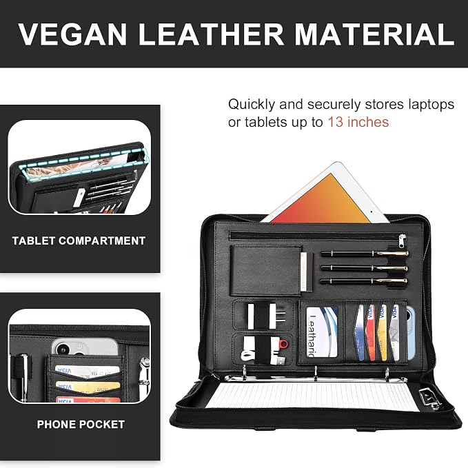 Leathario Portfolio Binder, Includes 5 Folder Index Dividers, 13 Inch Tablets Organizer with Handle, Vegan Leather A4 Padfolio, Multi-Pocket Notepad Business Planner Professional Document