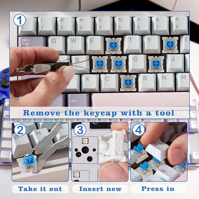 50 Pcs Blue Keyboard Switches, 3-Pin Clicky Tactile Mechanical Keyboard Switches, Complete DIY Replacement Kit with Switch Puller & Brush