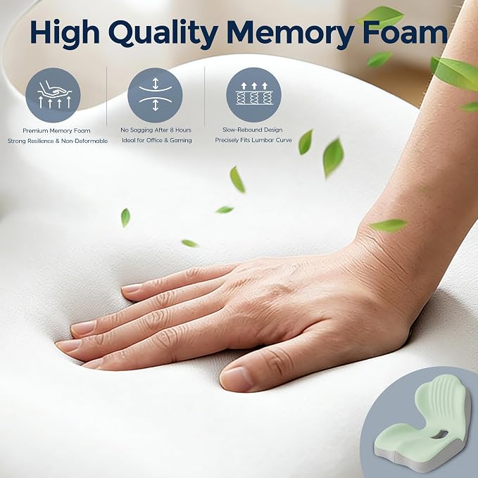 Seat Cushion for Office Chair Car, L-Shaped Ergonomic Seat Cushions,Memory Foam Orthopedic Cushion with Coccyx Hollow,Lumbar Support & Tailbone Pain Relief for Car, Truck, Home,Green & Gray