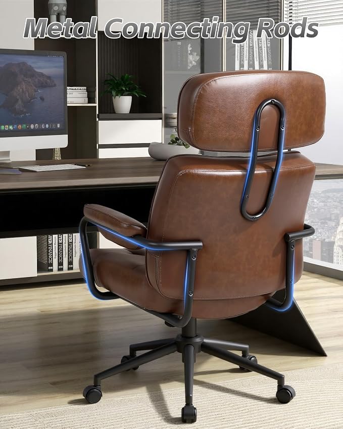 Mid Century Modern Home Office Desk Chair, Ergonomic Office Chair Big and Tall, High Back Executive Office Chair Leather Extra Wide, Computer Chair Comfy, Adjustable Height Rolling Chair, Caramel 2PC