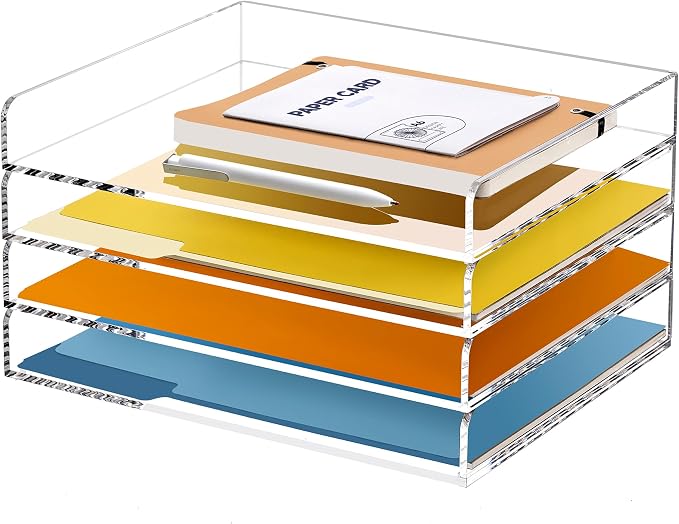 4-Tier Acrylic Stackable Letter Tray Paper Organizer Trays for Desk,Clear | Horizontal File Paper Sorter, Office Supplies Accessories Storage for Letter/A4 Size Folders Documents 12.4inx8.86inx6.65in