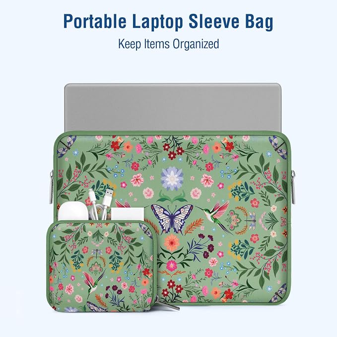 MOSISO Laptop Case 13.3 inch, 13-14 inch Laptop Sleeve Bag Compatible with MacBook Air/Pro 13/Pro 14, HP Dell ASUS Lenovo, Neoprene Hummingbird Plants Flowers Computer Bag with Small Case, Green