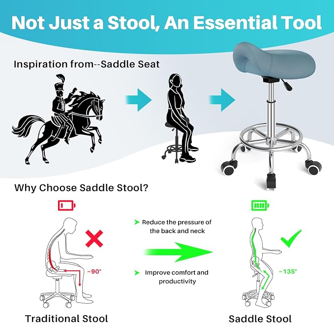 YEEZEE Saddle Stool Ergonomic, Saddle Chair with Wheels, Blue | Comfortable Wide Thick Saddle Seat Padding, 360°Swivel, Adjustable Height, Ring Pedal Design, for Medical Massage Salon Spa