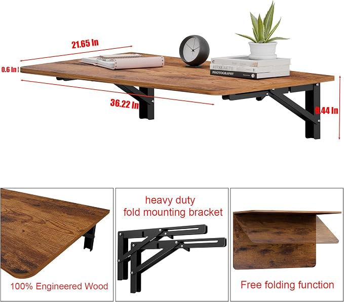 IAE Floating Foldable Desk,Wall Mounted - Folding Computer Table with Engineered Wood,Study Table with Shelf Brackets,Fold Down Shelf,Fold Computer Desk for Small Spaces,Holds 500 lb,36" x 22" Rustic